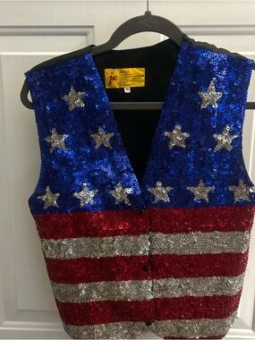 Vintage JC 001 Sequin USA Flag Vest Womens Medium Red White Blue Sparkle America